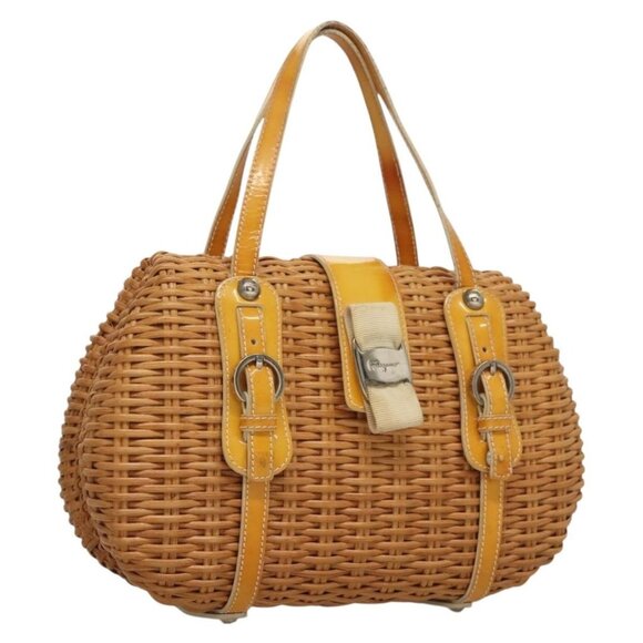 Salvatore Ferragamo Vala Hand Bag Raffia Leather Beige Silver Auth 132955 - Picture 1 of 16